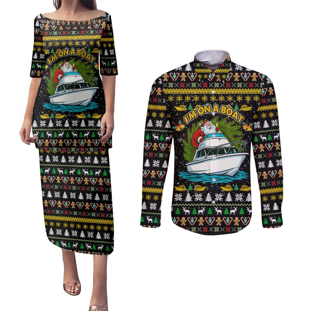 Santa On A Boat Christmas Couples Matching Puletasi and Long Sleeve Button Shirt Xmas Holiday Patterns - Wonder Print Shop