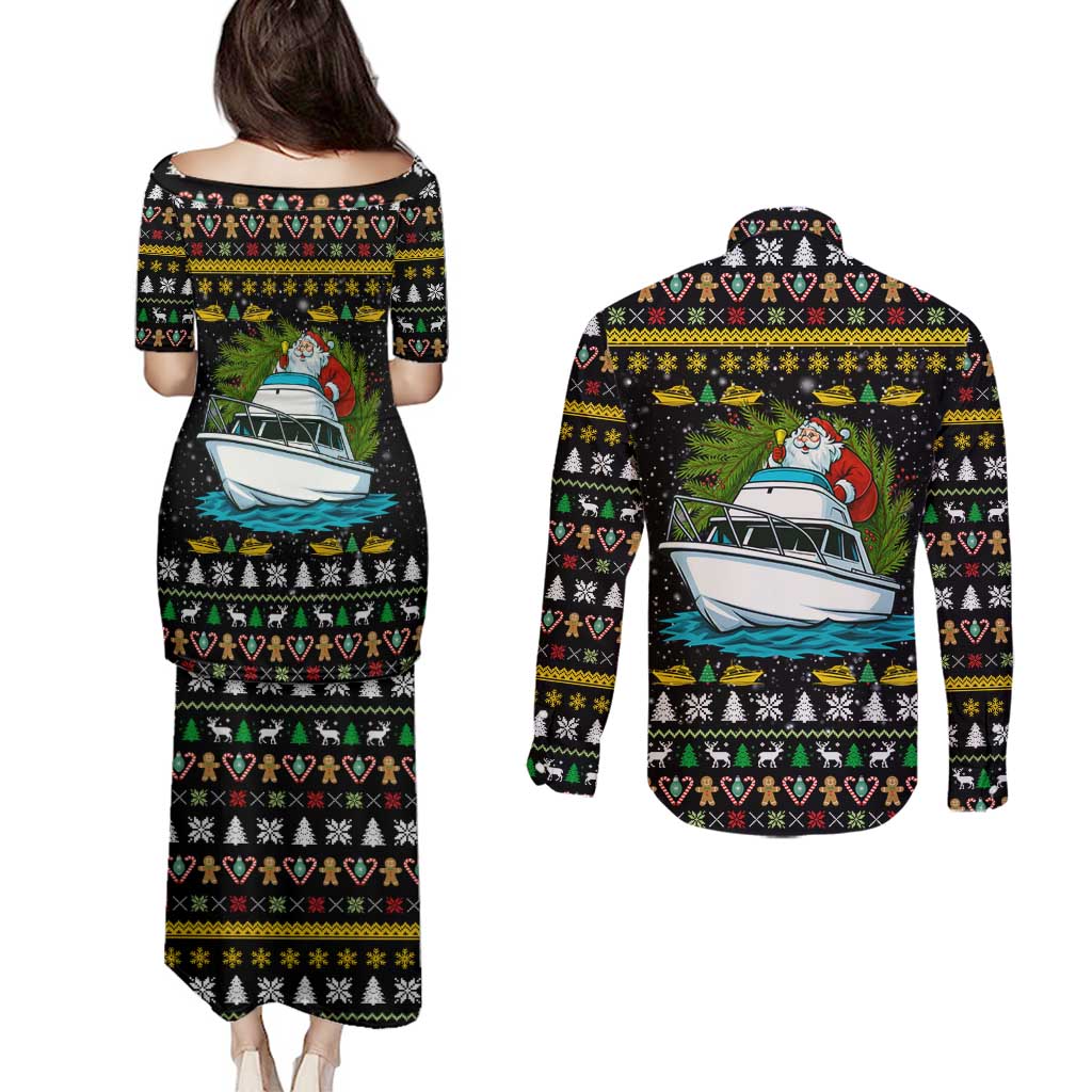 Santa On A Boat Christmas Couples Matching Puletasi and Long Sleeve Button Shirt Xmas Holiday Patterns - Wonder Print Shop