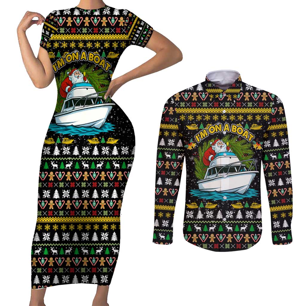 Santa On A Boat Christmas Couples Matching Short Sleeve Bodycon Dress and Long Sleeve Button Shirt Xmas Holiday Patterns - Wonder Print Shop