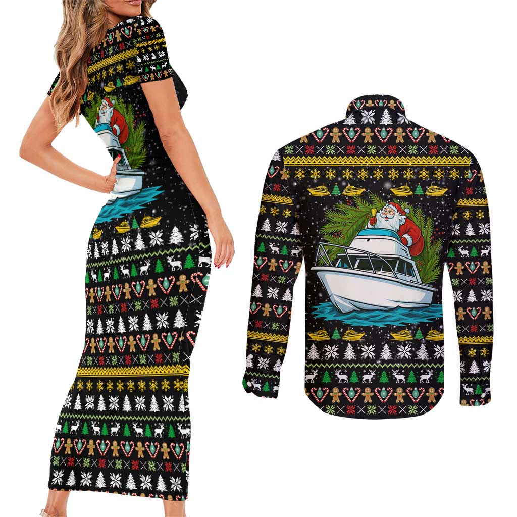 Santa On A Boat Christmas Couples Matching Short Sleeve Bodycon Dress and Long Sleeve Button Shirt Xmas Holiday Patterns - Wonder Print Shop