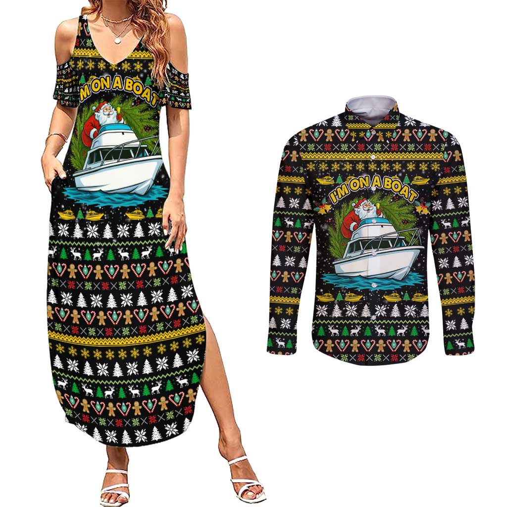 Santa On A Boat Christmas Couples Matching Summer Maxi Dress and Long Sleeve Button Shirt Xmas Holiday Patterns - Wonder Print Shop