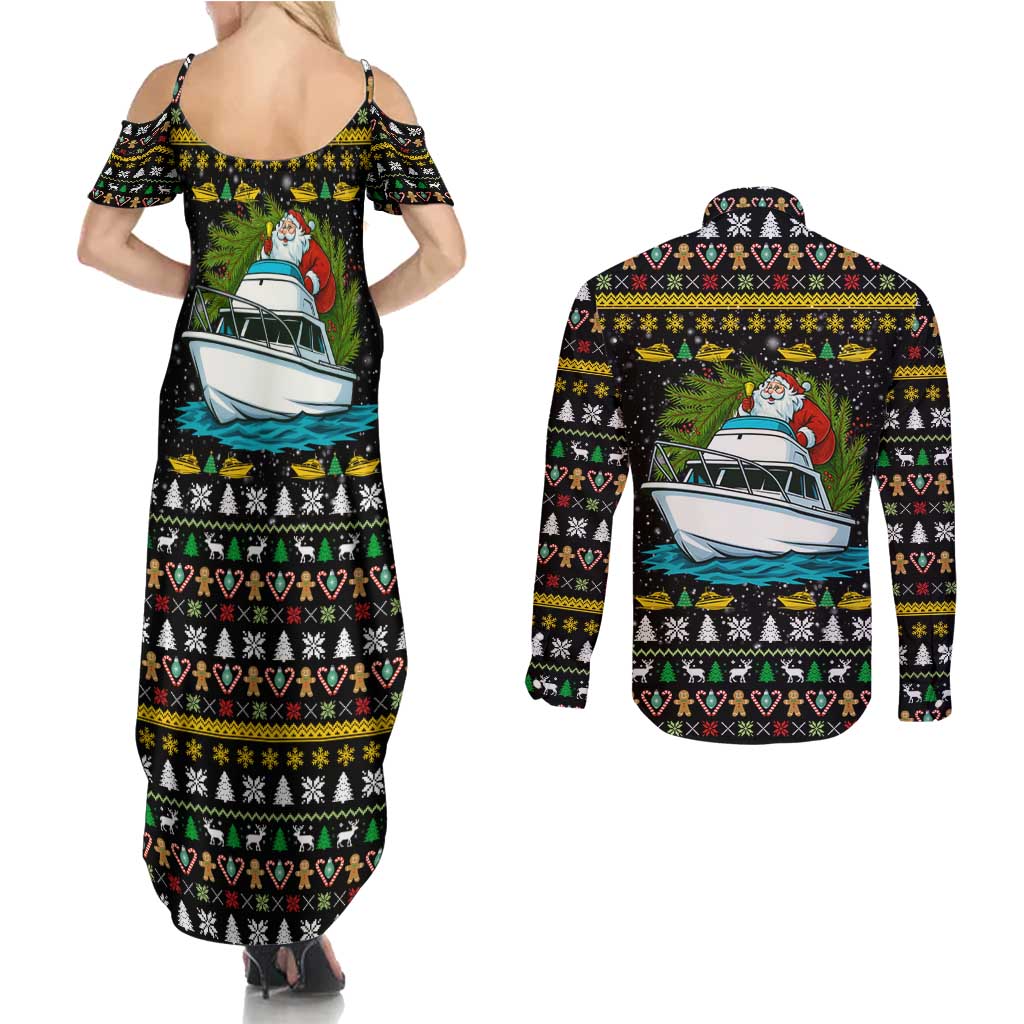 Santa On A Boat Christmas Couples Matching Summer Maxi Dress and Long Sleeve Button Shirt Xmas Holiday Patterns - Wonder Print Shop