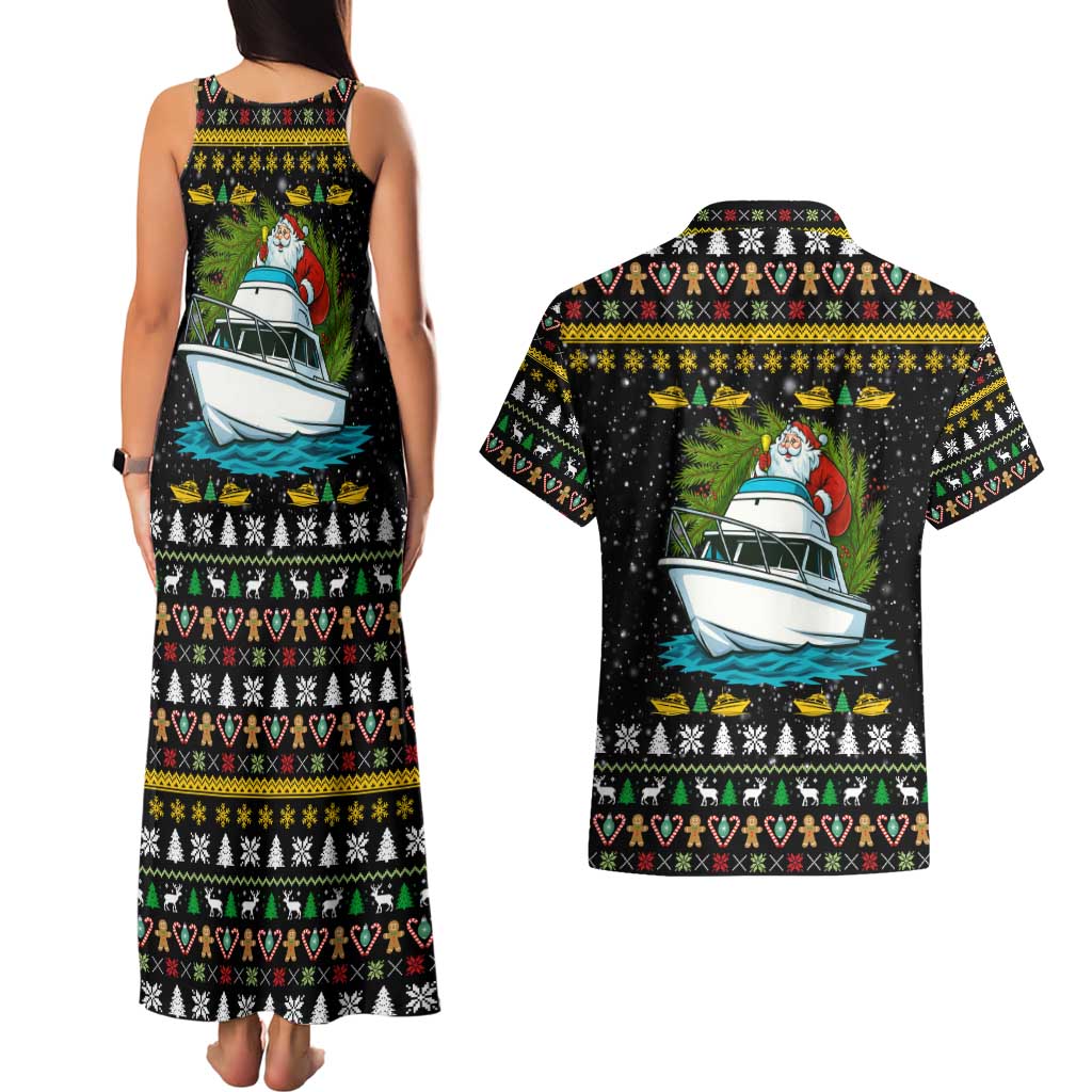 Santa On A Boat Christmas Couples Matching Tank Maxi Dress and Hawaiian Shirt Xmas Holiday Patterns - Wonder Print Shop