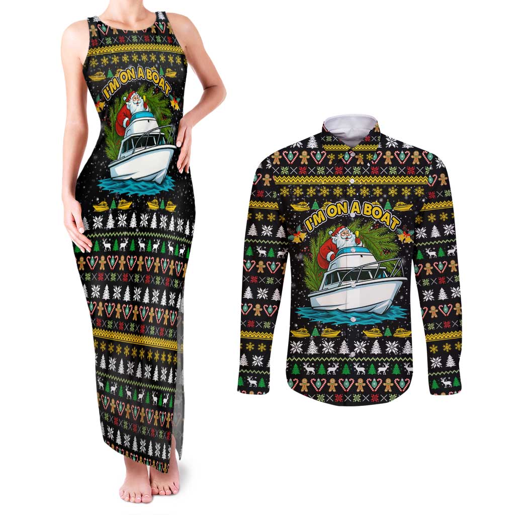Santa On A Boat Christmas Couples Matching Tank Maxi Dress and Long Sleeve Button Shirt Xmas Holiday Patterns - Wonder Print Shop