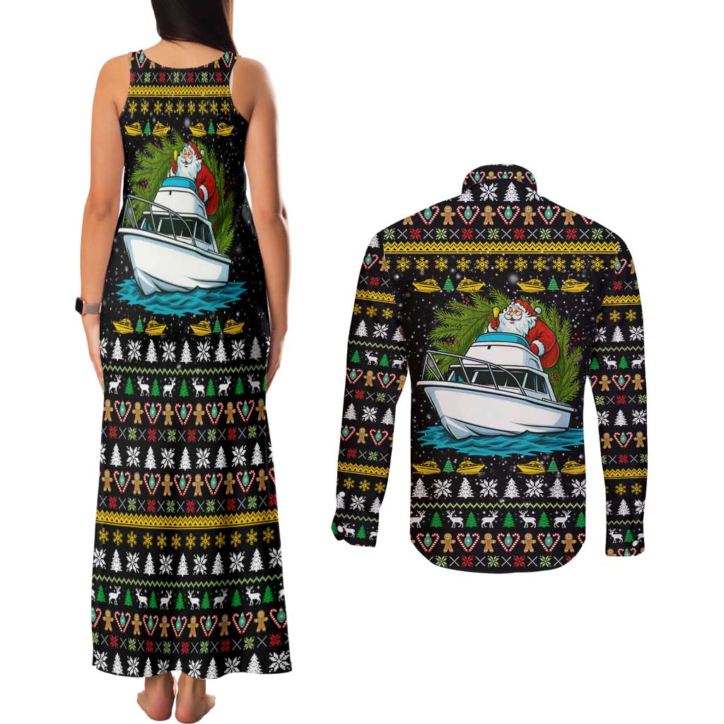 Santa On A Boat Christmas Couples Matching Tank Maxi Dress and Long Sleeve Button Shirt Xmas Holiday Patterns - Wonder Print Shop