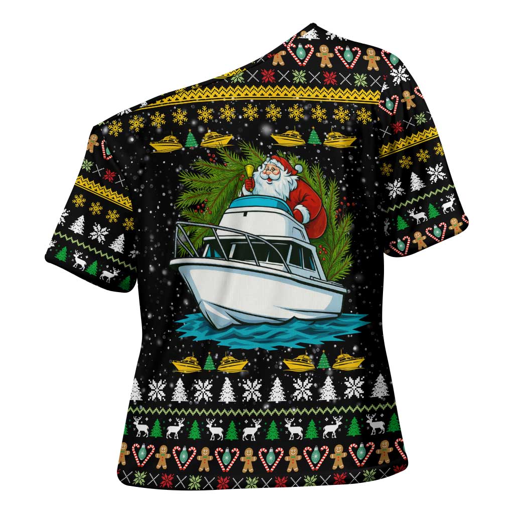 Santa On A Boat Christmas Cross Shoulder Shirt Xmas Holiday Patterns - Wonder Print Shop
