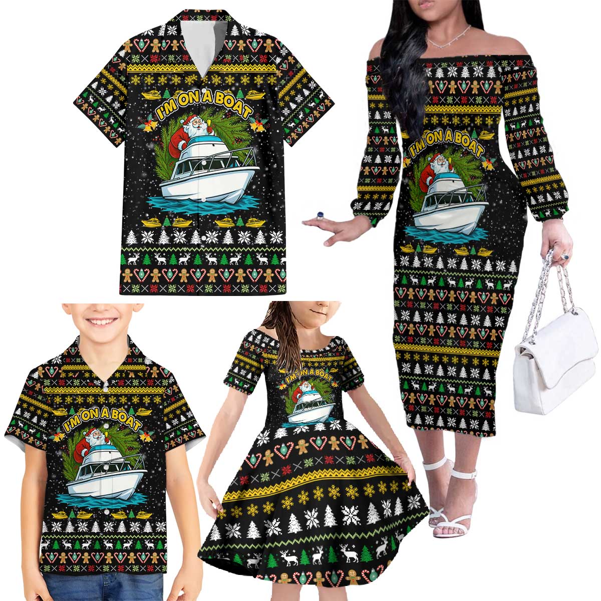 Santa On A Boat Christmas Family Matching Off The Shoulder Long Sleeve Dress and Hawaiian Shirt Xmas Holiday Patterns - Wonder Print Shop