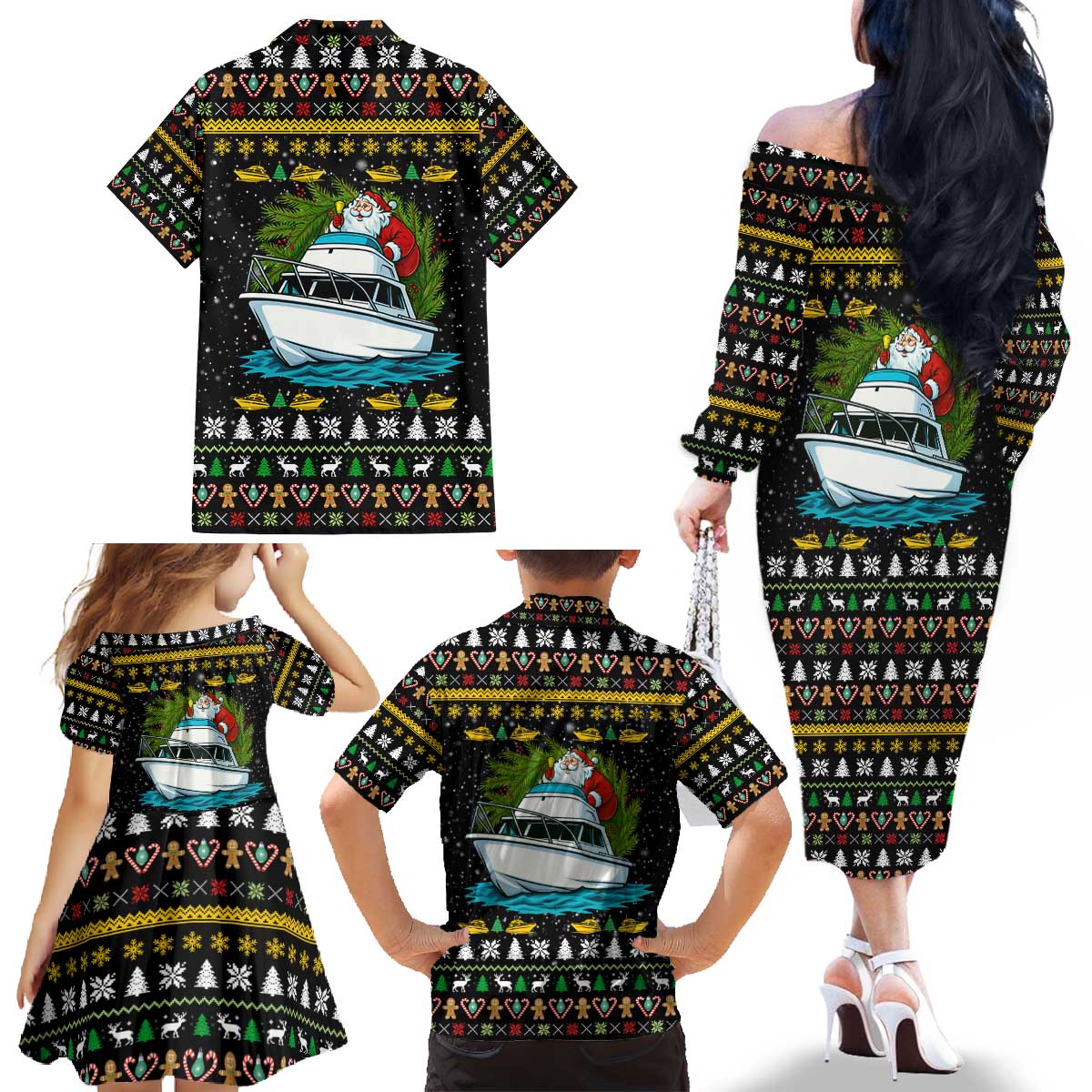 Santa On A Boat Christmas Family Matching Off The Shoulder Long Sleeve Dress and Hawaiian Shirt Xmas Holiday Patterns - Wonder Print Shop