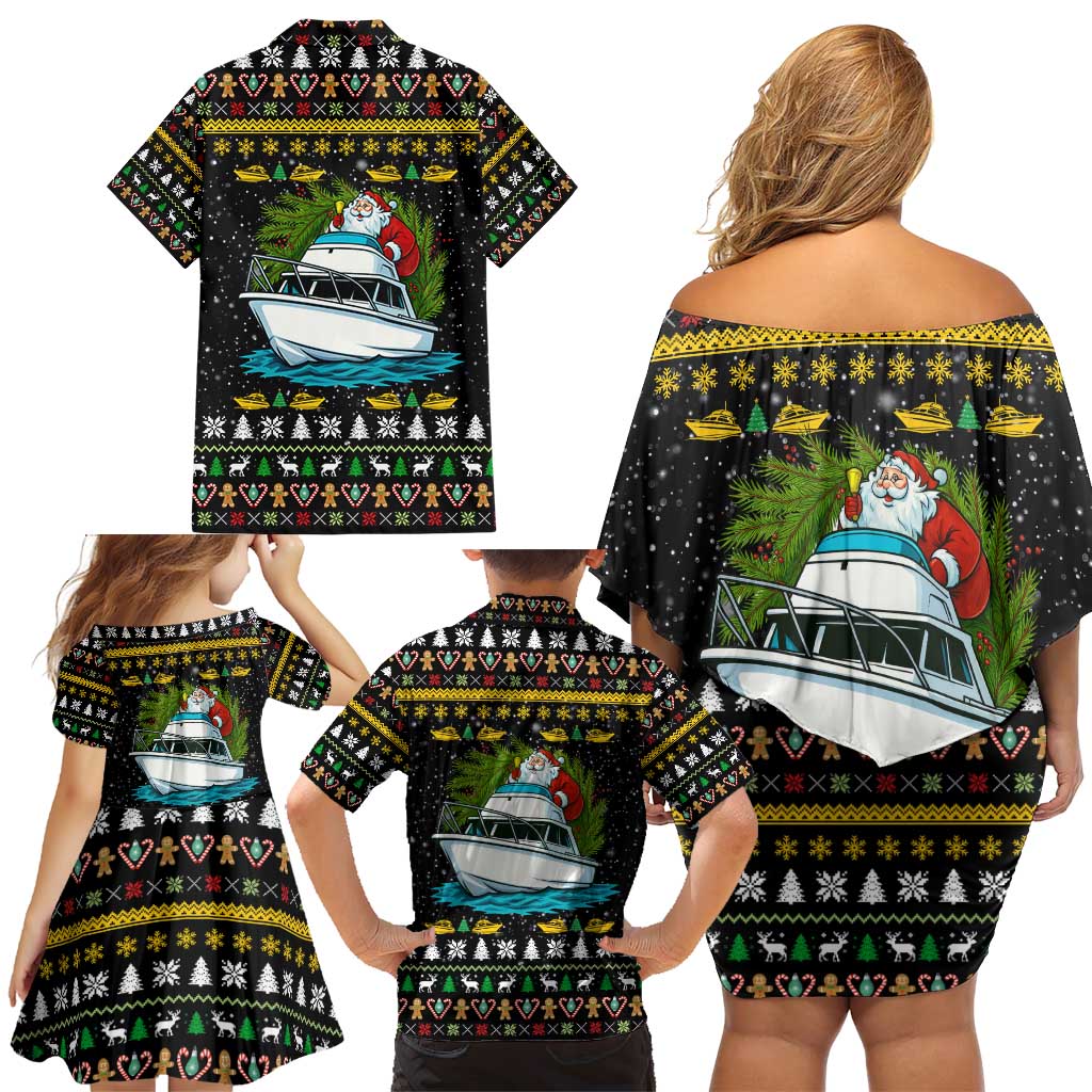 Santa On A Boat Christmas Family Matching Off Shoulder Short Dress and Hawaiian Shirt Xmas Holiday Patterns - Wonder Print Shop