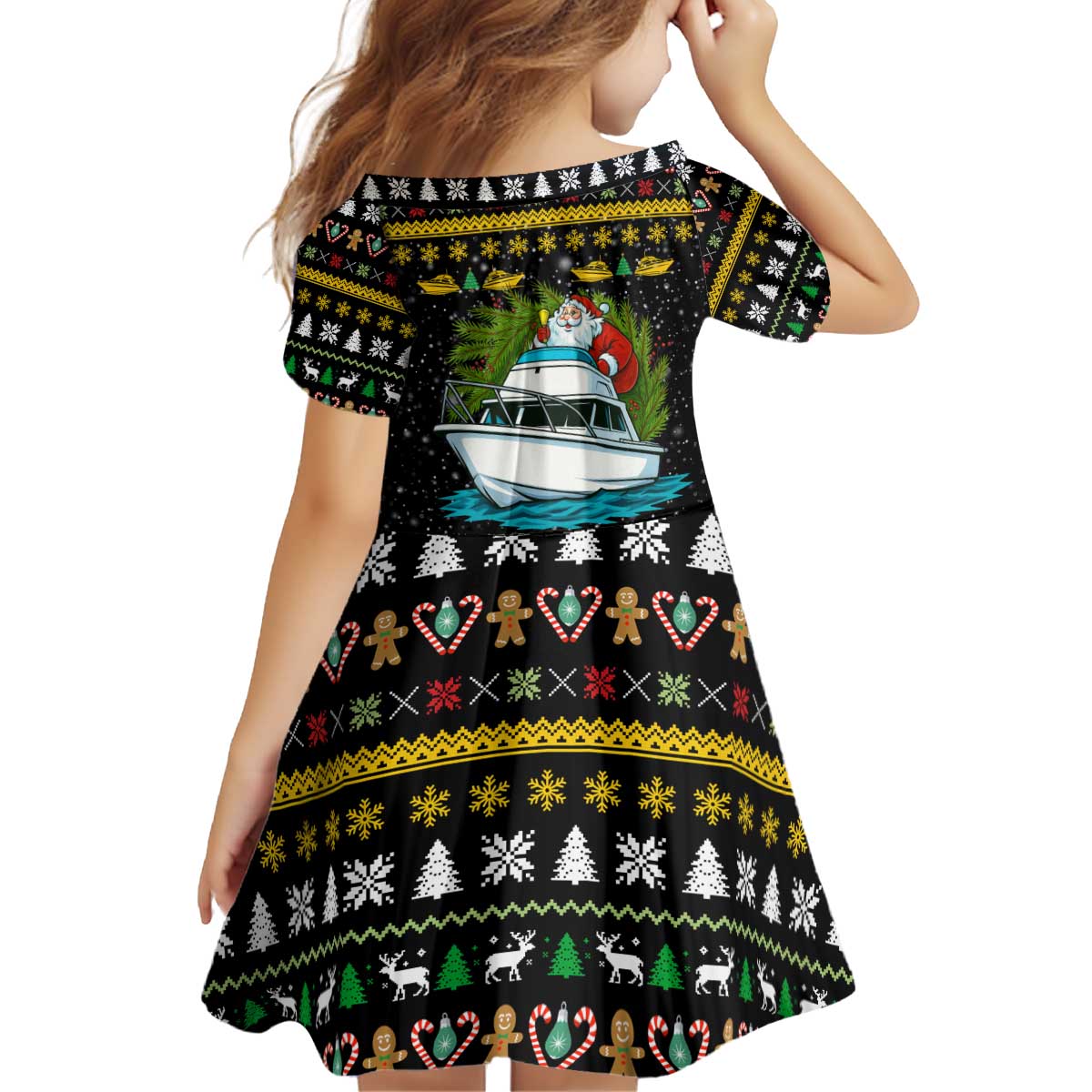 Santa On A Boat Christmas Kid Short Sleeve Dress Xmas Holiday Patterns - Wonder Print Shop