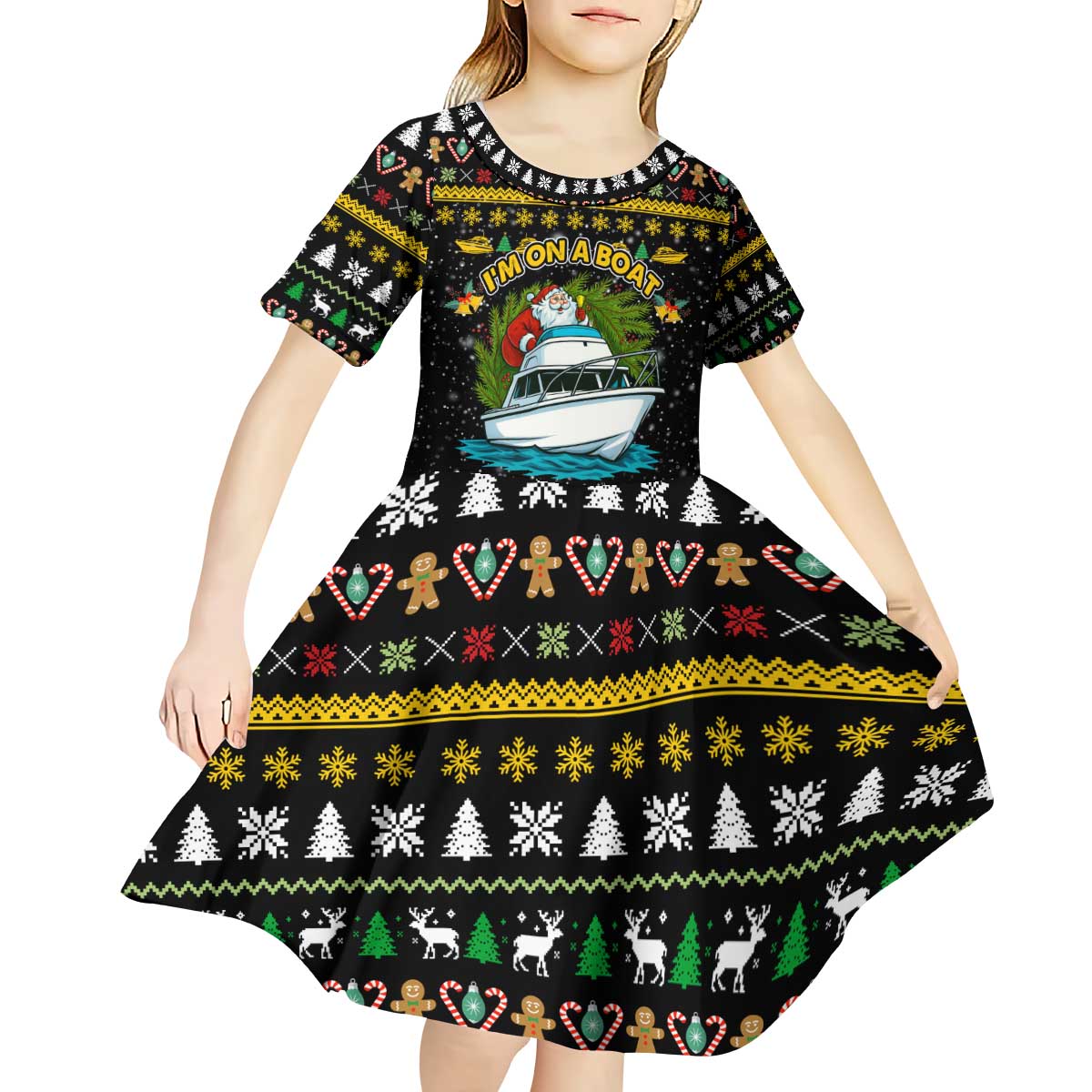 Santa On A Boat Christmas Kid Short Sleeve Dress Xmas Holiday Patterns - Wonder Print Shop