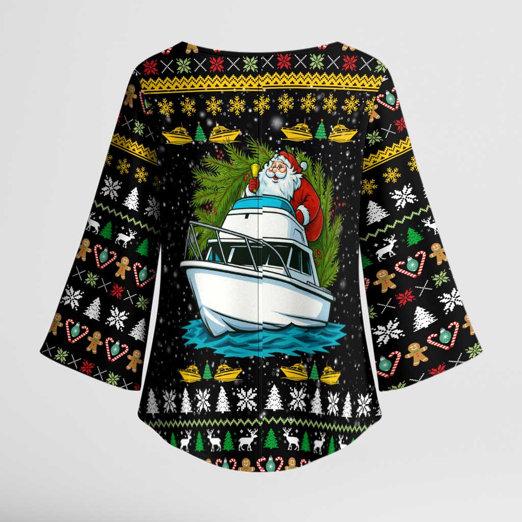 Santa On A Boat Christmas Kimono Sleeve Blouse Xmas Holiday Patterns - Wonder Print Shop