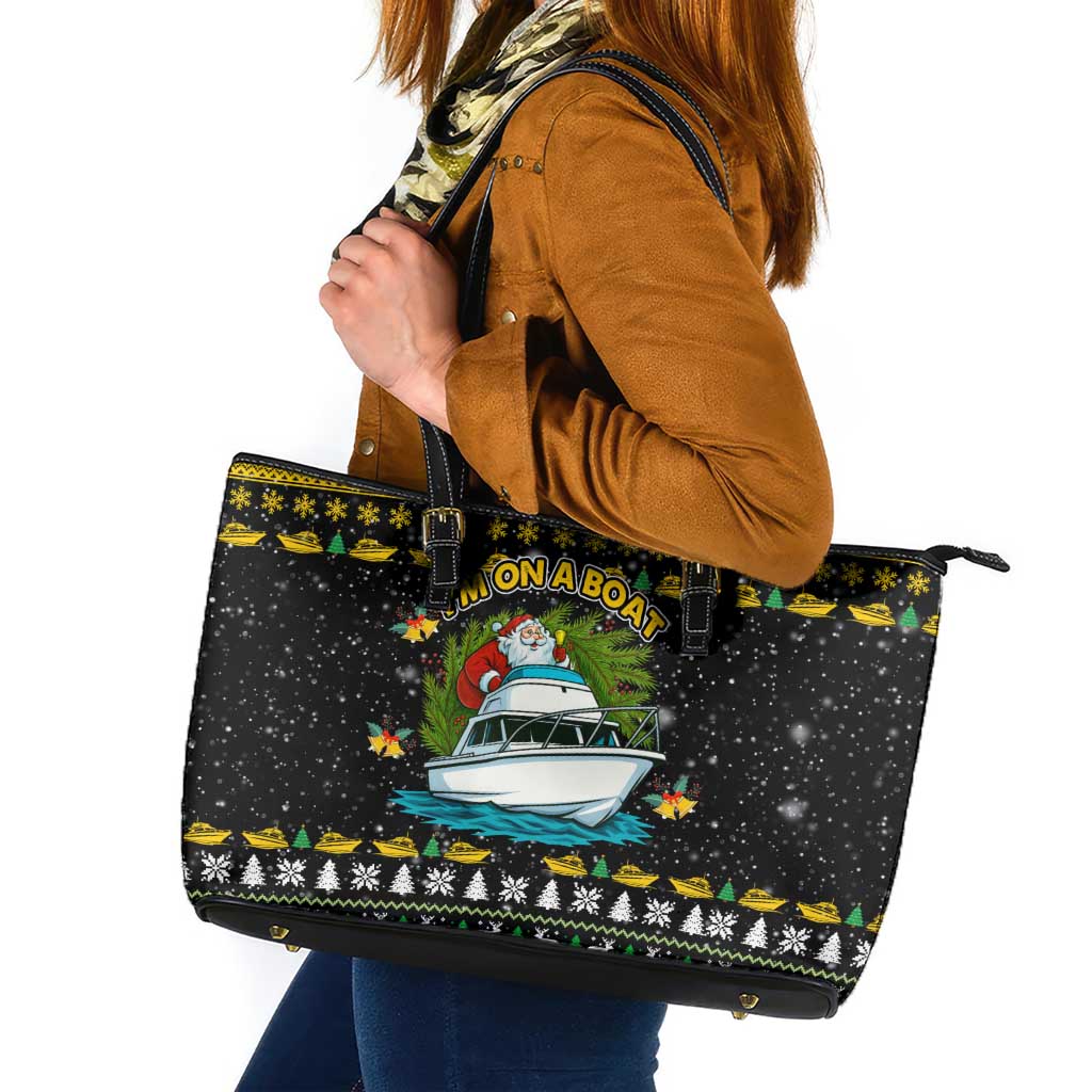 Santa On A Boat Christmas Leather Tote Bag Xmas Holiday Patterns - Wonder Print Shop