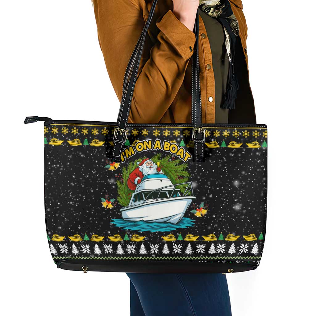 Santa On A Boat Christmas Leather Tote Bag Xmas Holiday Patterns - Wonder Print Shop