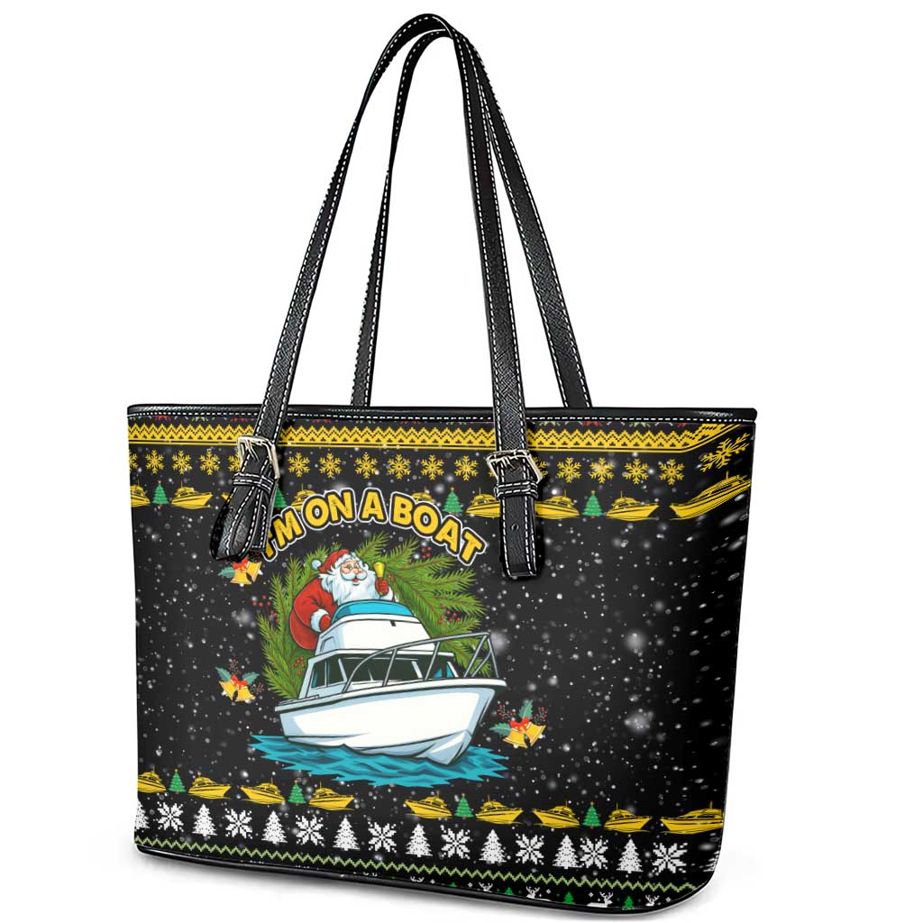 Santa On A Boat Christmas Leather Tote Bag Xmas Holiday Patterns - Wonder Print Shop