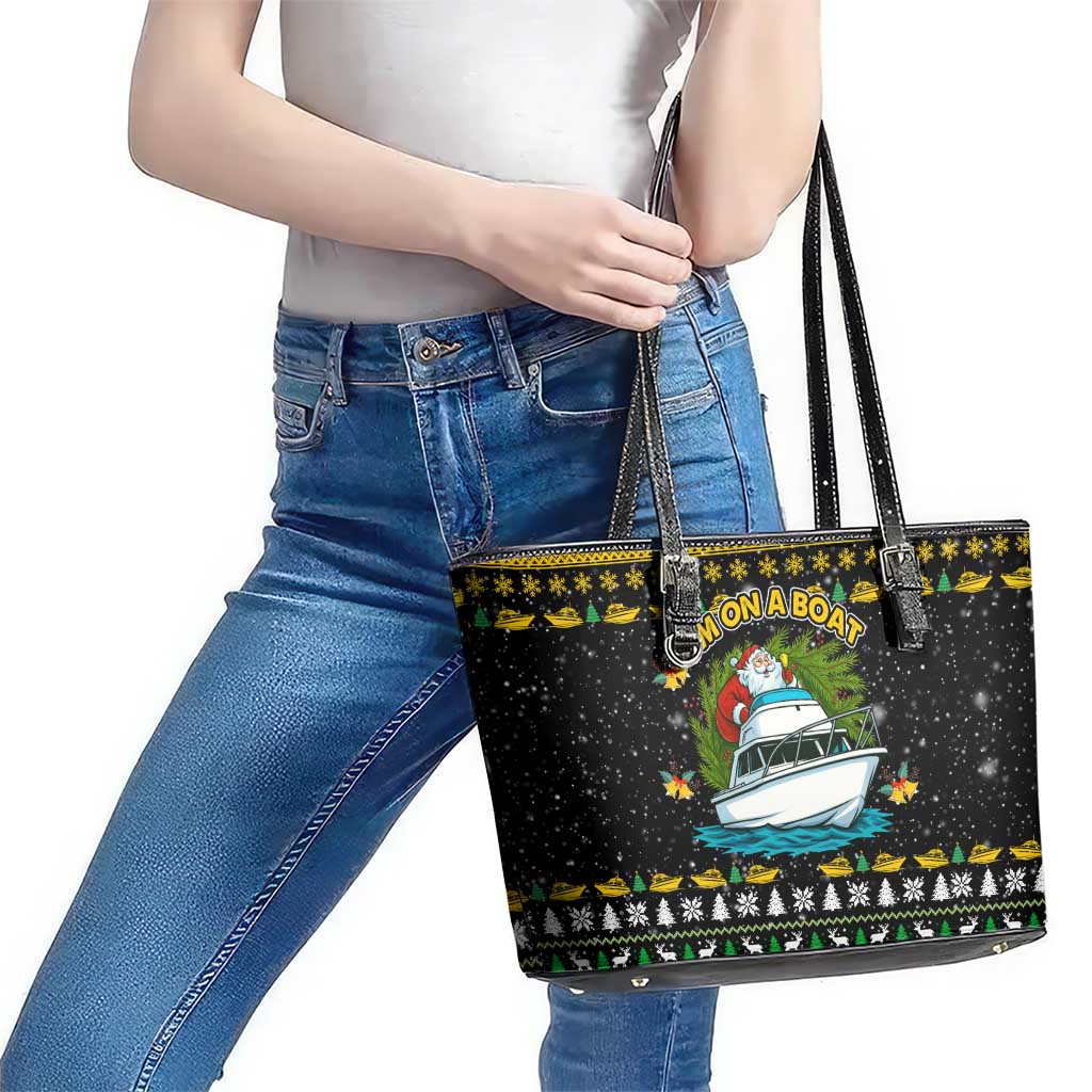 Santa On A Boat Christmas Leather Tote Bag Xmas Holiday Patterns - Wonder Print Shop