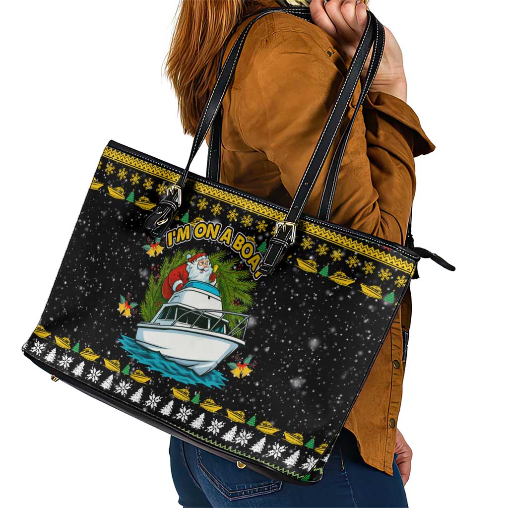 Santa On A Boat Christmas Leather Tote Bag Xmas Holiday Patterns - Wonder Print Shop