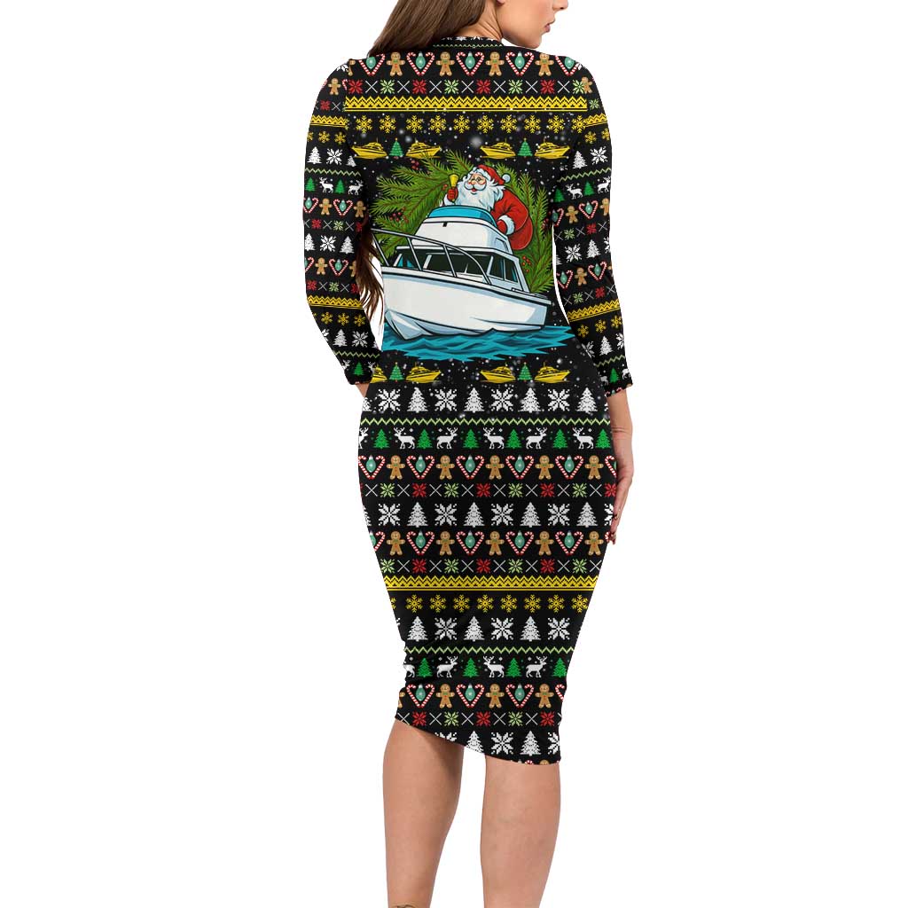 Santa On A Boat Christmas Long Sleeve Bodycon Dress Xmas Holiday Patterns - Wonder Print Shop