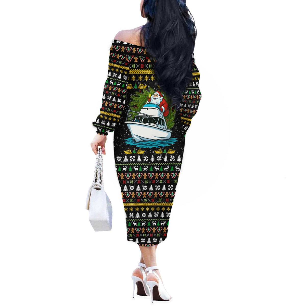 Santa On A Boat Christmas Off The Shoulder Long Sleeve Dress Xmas Holiday Patterns - Wonder Print Shop
