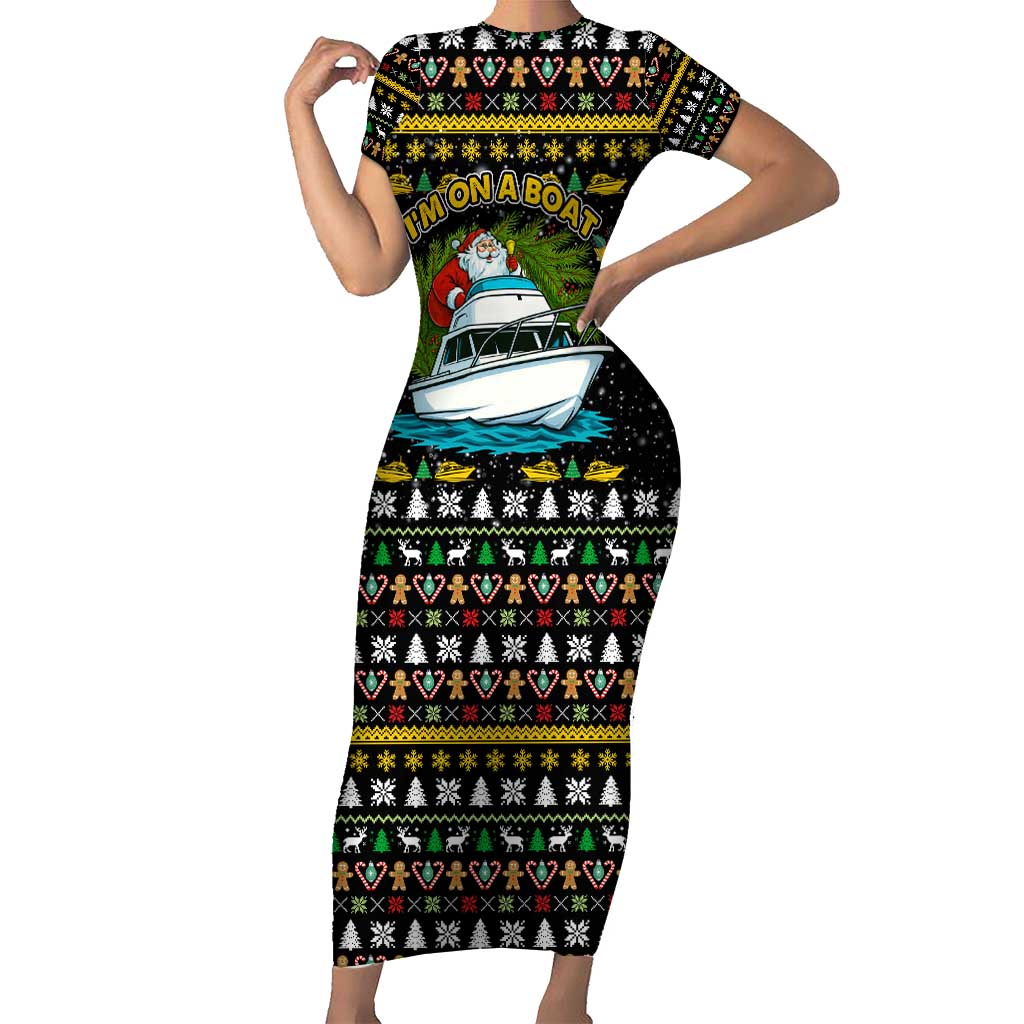 Santa On A Boat Christmas Short Sleeve Bodycon Dress Xmas Holiday Patterns - Wonder Print Shop