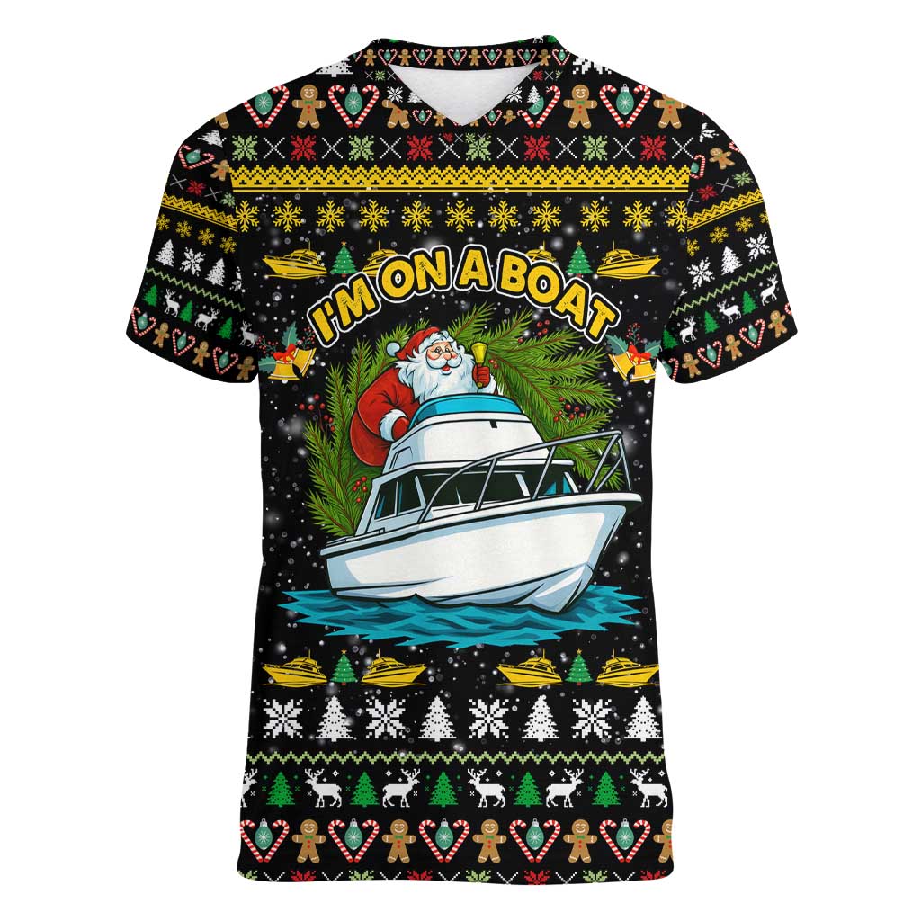 Santa On A Boat Christmas Women V-Neck T-Shirt Xmas Holiday Patterns - Wonder Print Shop
