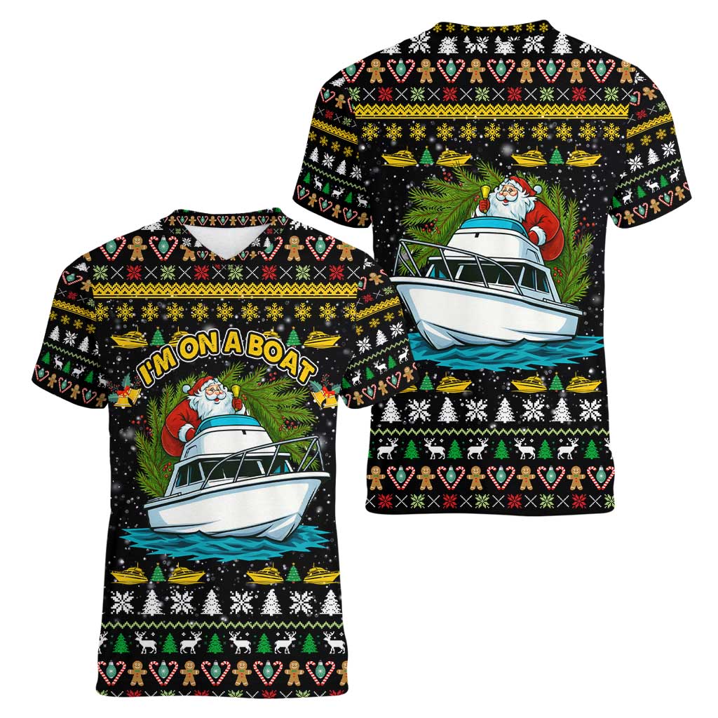 Santa On A Boat Christmas Women V-Neck T-Shirt Xmas Holiday Patterns - Wonder Print Shop