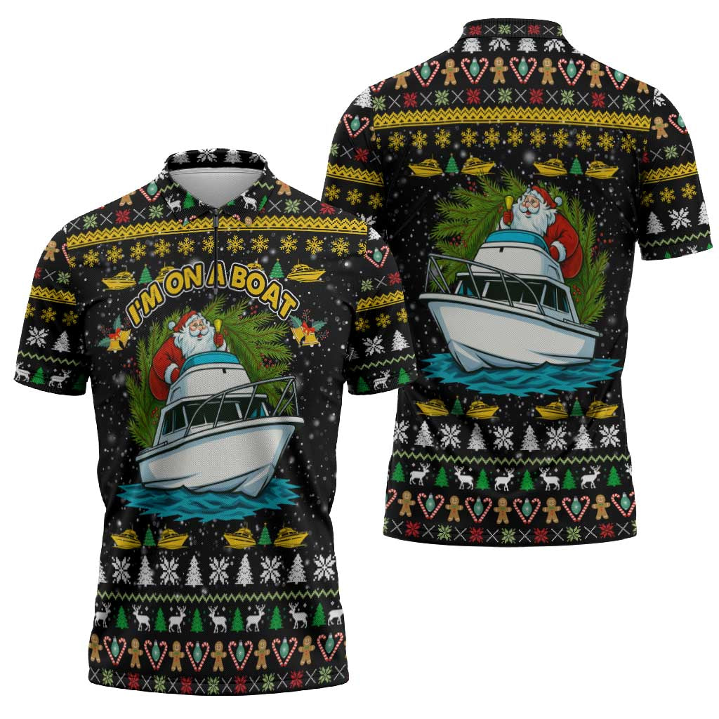 Santa On A Boat Christmas Zipper Polo Shirt Xmas Holiday Patterns - Wonder Print Shop