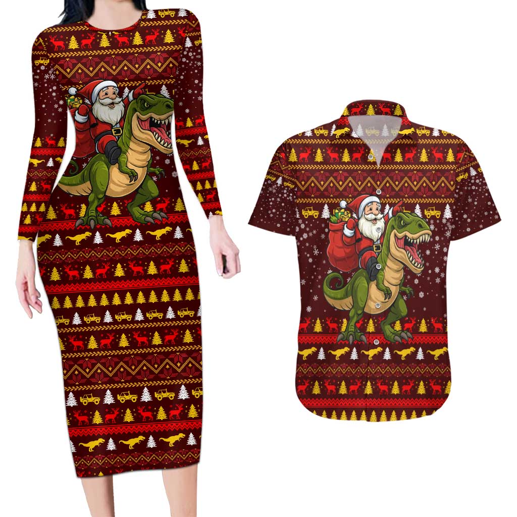 Santassic Park Santa Claus Christmas Couples Matching Long Sleeve Bodycon Dress and Hawaiian Shirt Xmas Holiday Patterns - Wonder Print Shop
