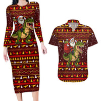 Santassic Park Santa Claus Christmas Couples Matching Long Sleeve Bodycon Dress and Hawaiian Shirt Xmas Holiday Patterns - Wonder Print Shop