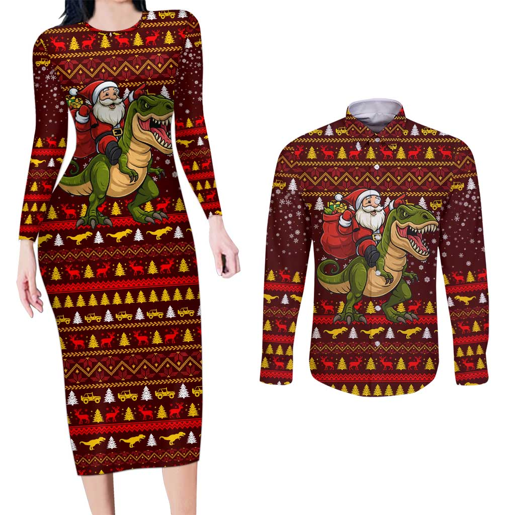 Santassic Park Santa Claus Christmas Couples Matching Long Sleeve Bodycon Dress and Long Sleeve Button Shirt Xmas Holiday Patterns - Wonder Print Shop