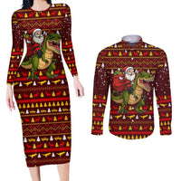 Santassic Park Santa Claus Christmas Couples Matching Long Sleeve Bodycon Dress and Long Sleeve Button Shirt Xmas Holiday Patterns - Wonder Print Shop