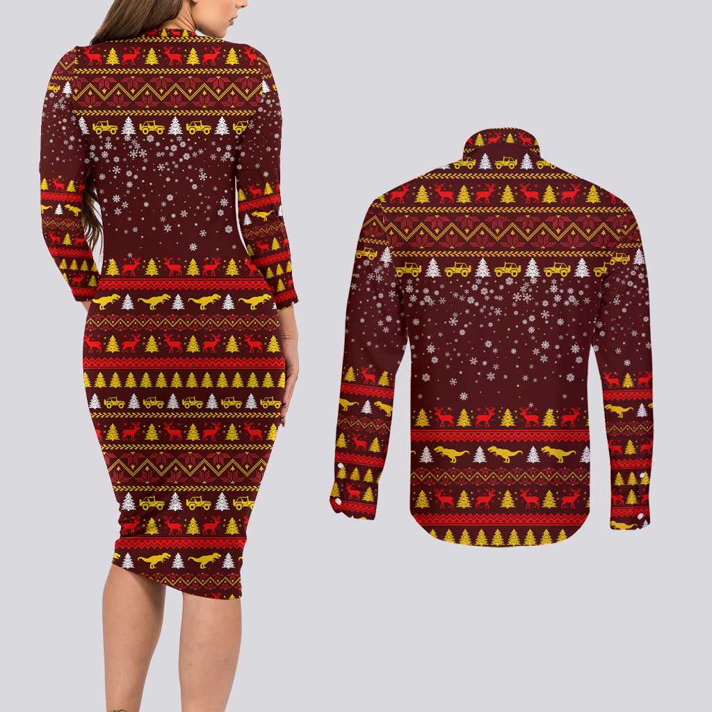 Santassic Park Santa Claus Christmas Couples Matching Long Sleeve Bodycon Dress and Long Sleeve Button Shirt Xmas Holiday Patterns - Wonder Print Shop
