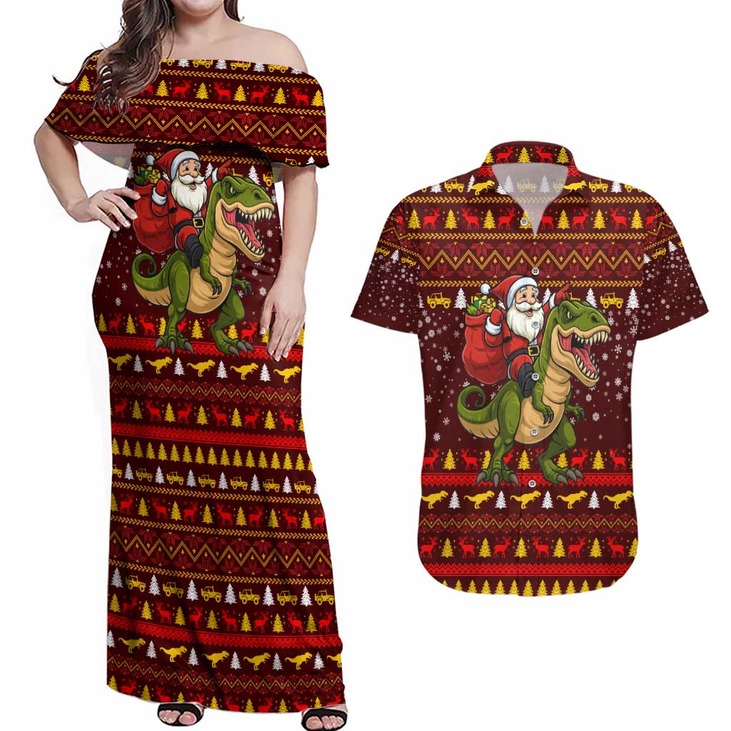 Santassic Park Santa Claus Christmas Couples Matching Off Shoulder Maxi Dress and Hawaiian Shirt Xmas Holiday Patterns - Wonder Print Shop
