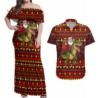 Santassic Park Santa Claus Christmas Couples Matching Off Shoulder Maxi Dress and Hawaiian Shirt Xmas Holiday Patterns - Wonder Print Shop
