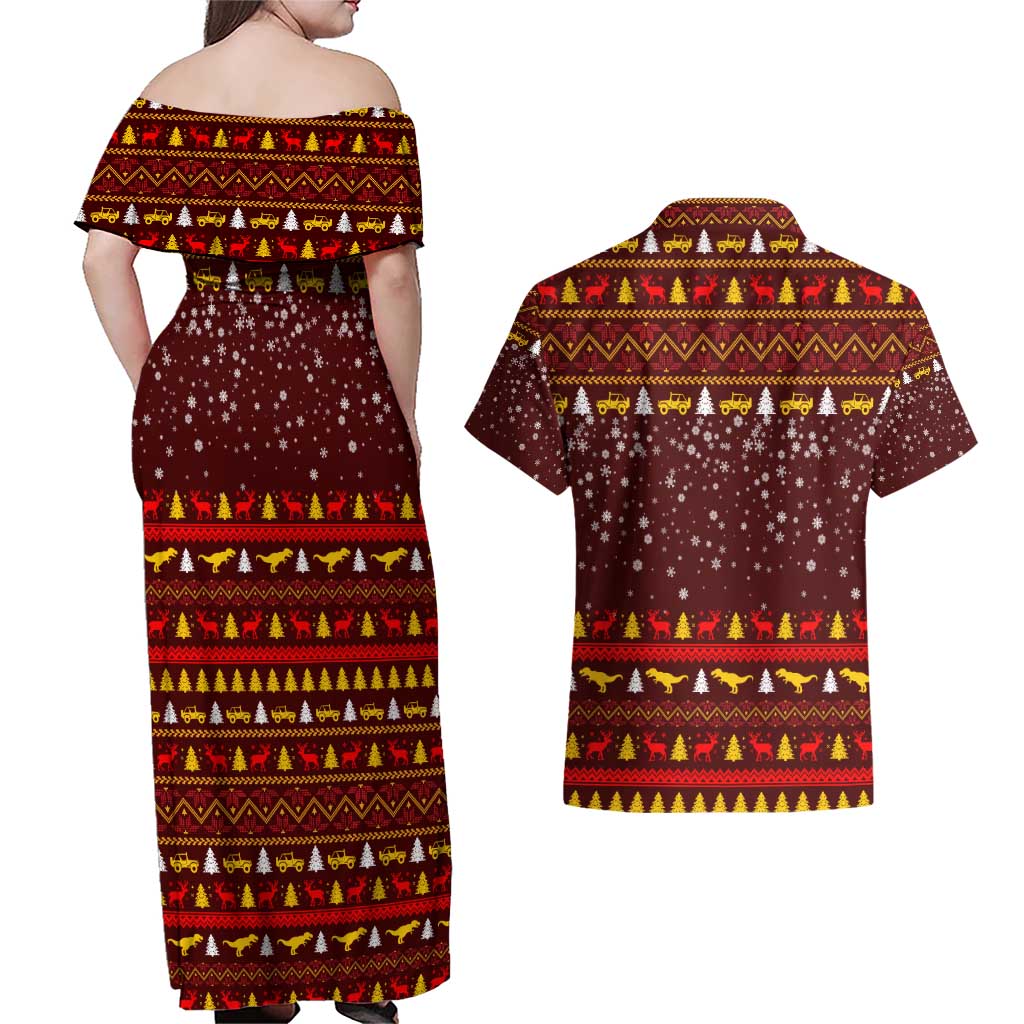 Santassic Park Santa Claus Christmas Couples Matching Off Shoulder Maxi Dress and Hawaiian Shirt Xmas Holiday Patterns - Wonder Print Shop