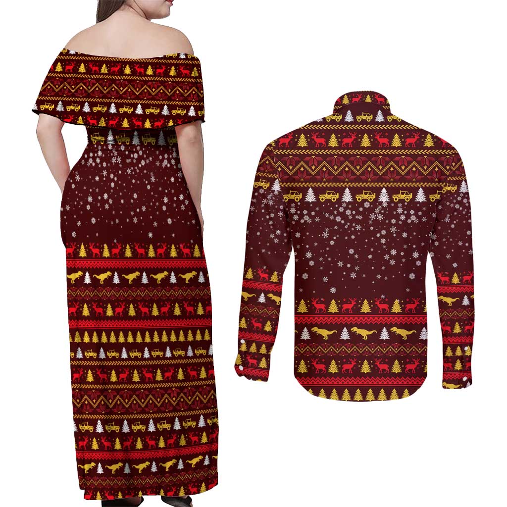 Santassic Park Santa Claus Christmas Couples Matching Off Shoulder Maxi Dress and Long Sleeve Button Shirt Xmas Holiday Patterns - Wonder Print Shop