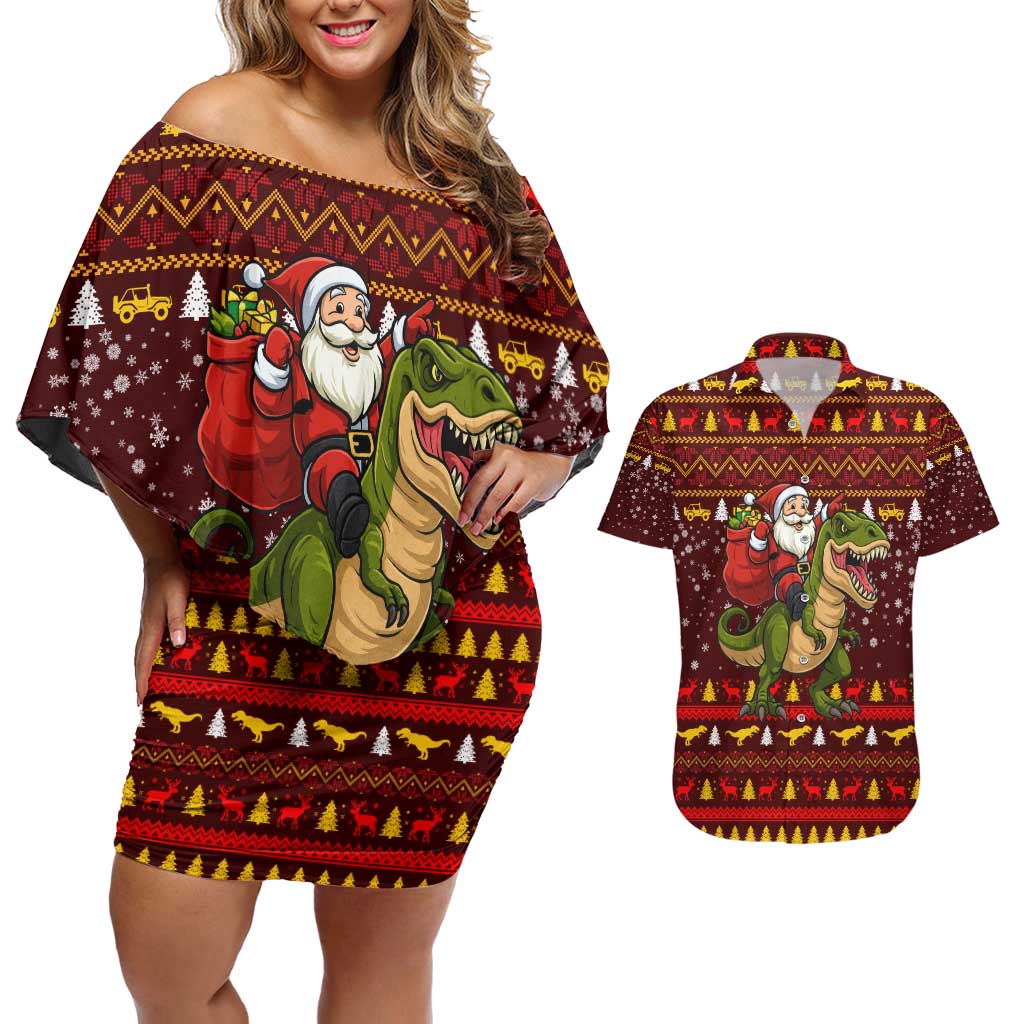 Santassic Park Santa Claus Christmas Couples Matching Off Shoulder Short Dress and Hawaiian Shirt Xmas Holiday Patterns - Wonder Print Shop