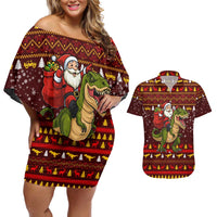 Santassic Park Santa Claus Christmas Couples Matching Off Shoulder Short Dress and Hawaiian Shirt Xmas Holiday Patterns - Wonder Print Shop
