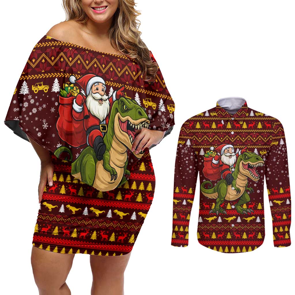 Santassic Park Santa Claus Christmas Couples Matching Off Shoulder Short Dress and Long Sleeve Button Shirt Xmas Holiday Patterns - Wonder Print Shop