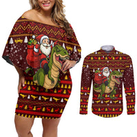 Santassic Park Santa Claus Christmas Couples Matching Off Shoulder Short Dress and Long Sleeve Button Shirt Xmas Holiday Patterns - Wonder Print Shop