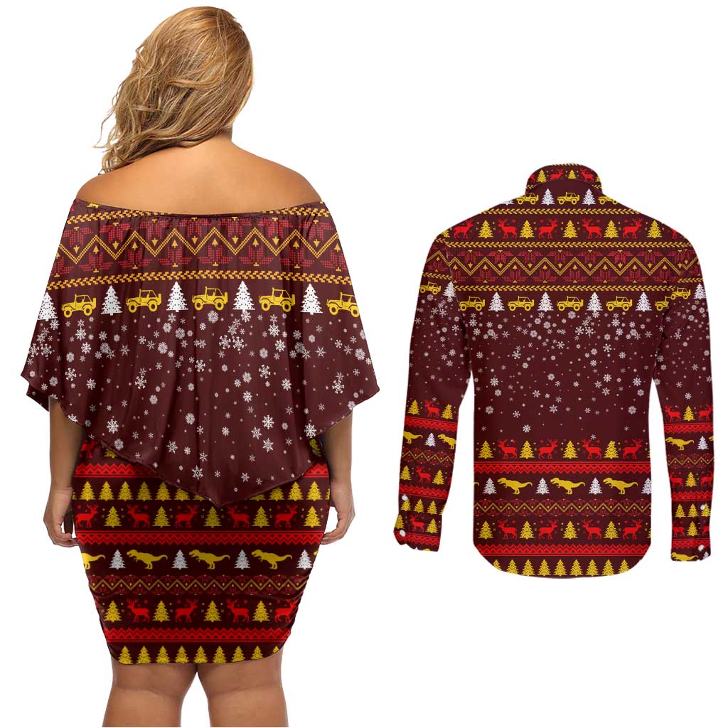 Santassic Park Santa Claus Christmas Couples Matching Off Shoulder Short Dress and Long Sleeve Button Shirt Xmas Holiday Patterns - Wonder Print Shop