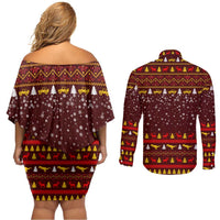 Santassic Park Santa Claus Christmas Couples Matching Off Shoulder Short Dress and Long Sleeve Button Shirt Xmas Holiday Patterns - Wonder Print Shop