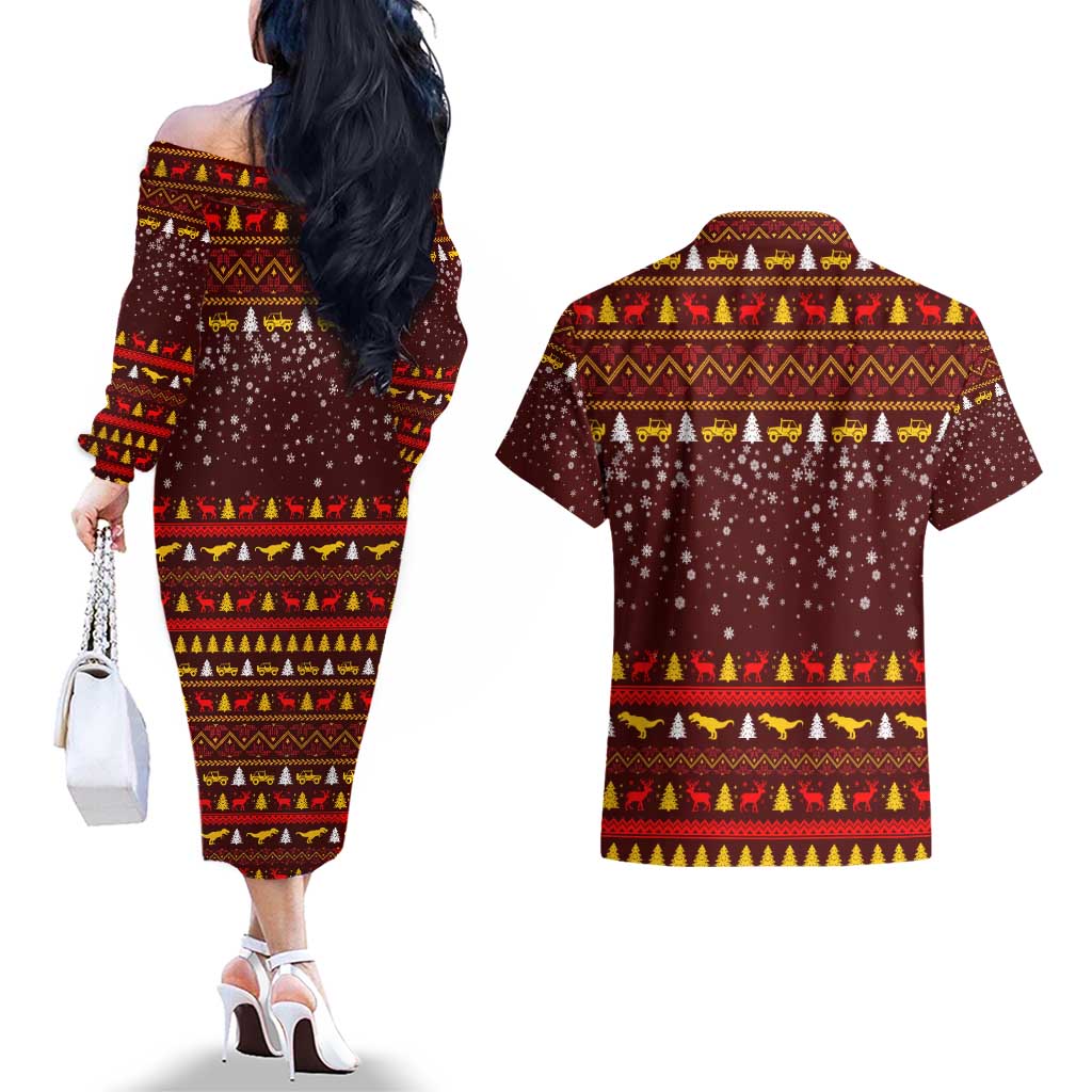 Santassic Park Santa Claus Christmas Couples Matching Off The Shoulder Long Sleeve Dress and Hawaiian Shirt Xmas Holiday Patterns - Wonder Print Shop