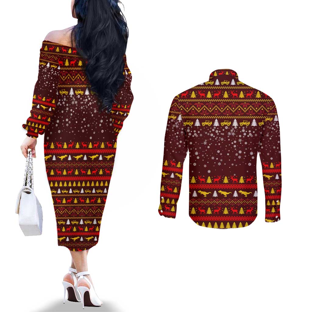 Santassic Park Santa Claus Christmas Couples Matching Off The Shoulder Long Sleeve Dress and Long Sleeve Button Shirt Xmas Holiday Patterns - Wonder Print Shop