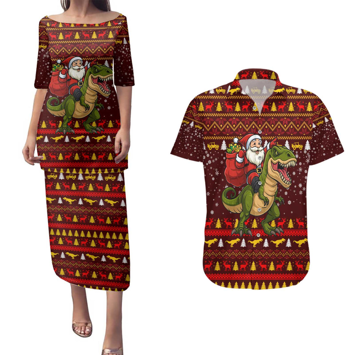 Santassic Park Santa Claus Christmas Couples Matching Puletasi and Hawaiian Shirt Xmas Holiday Patterns - Wonder Print Shop