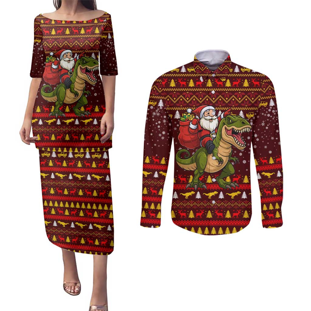 Santassic Park Santa Claus Christmas Couples Matching Puletasi and Long Sleeve Button Shirt Xmas Holiday Patterns - Wonder Print Shop