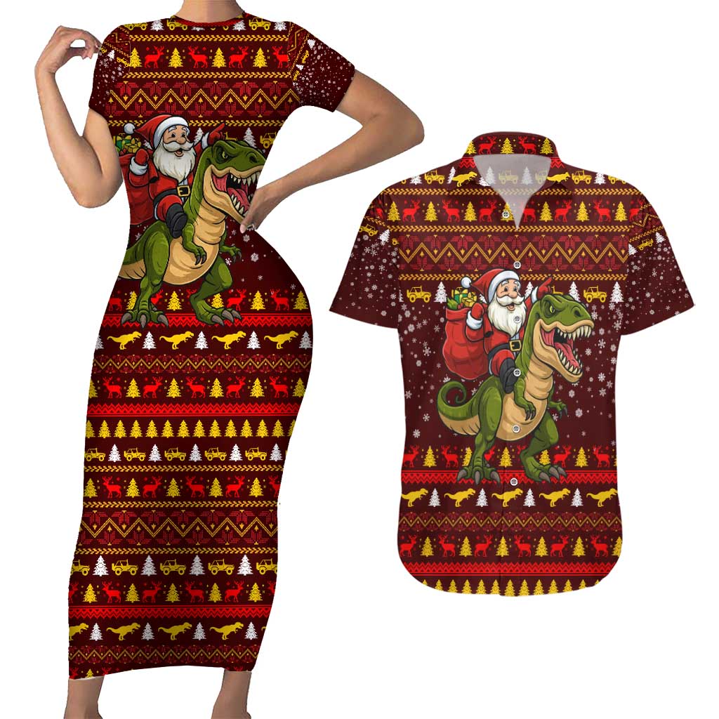 Santassic Park Santa Claus Christmas Couples Matching Short Sleeve Bodycon Dress and Hawaiian Shirt Xmas Holiday Patterns - Wonder Print Shop