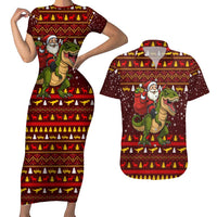 Santassic Park Santa Claus Christmas Couples Matching Short Sleeve Bodycon Dress and Hawaiian Shirt Xmas Holiday Patterns - Wonder Print Shop
