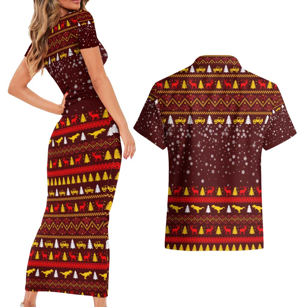 Santassic Park Santa Claus Christmas Couples Matching Short Sleeve Bodycon Dress and Hawaiian Shirt Xmas Holiday Patterns - Wonder Print Shop