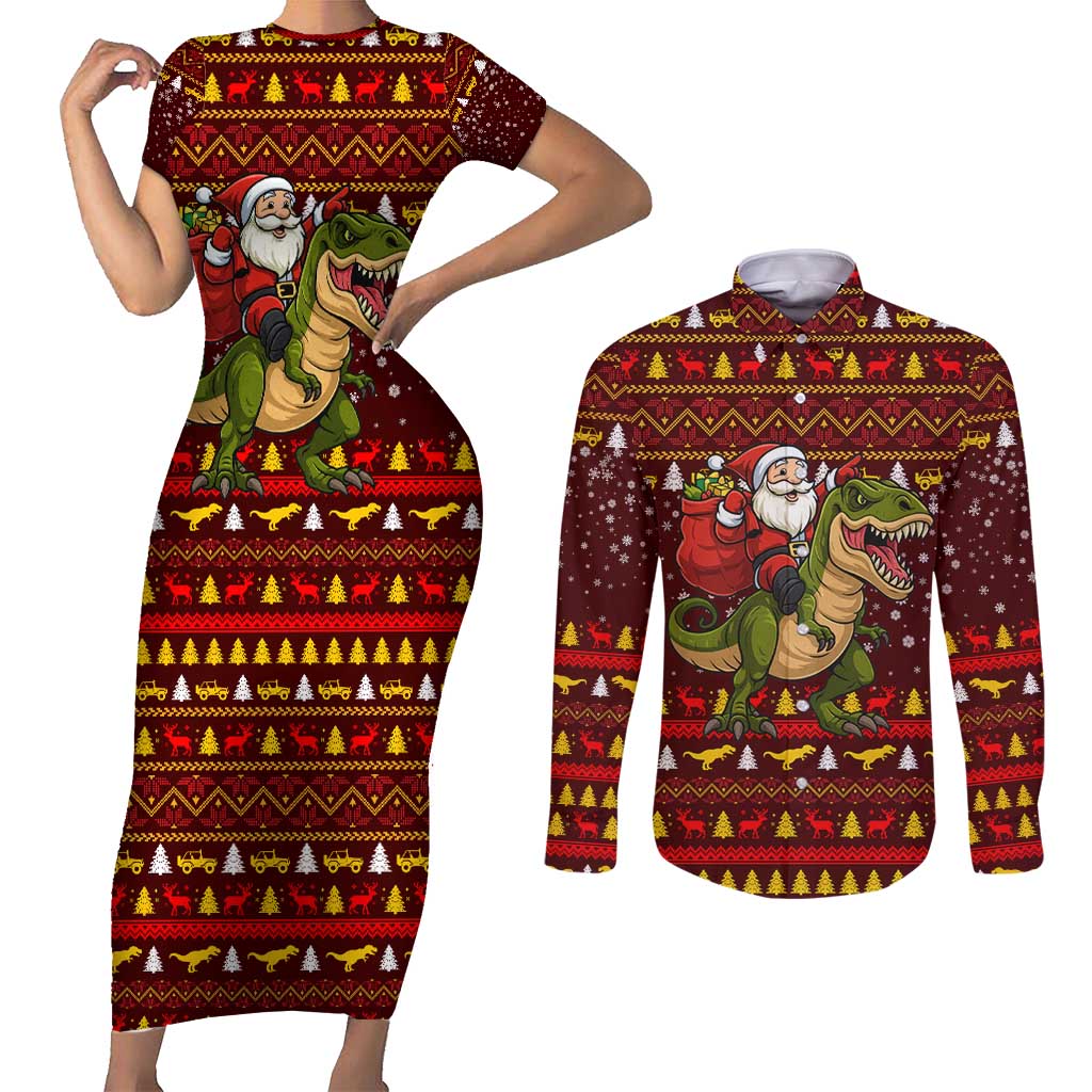 Santassic Park Santa Claus Christmas Couples Matching Short Sleeve Bodycon Dress and Long Sleeve Button Shirt Xmas Holiday Patterns - Wonder Print Shop